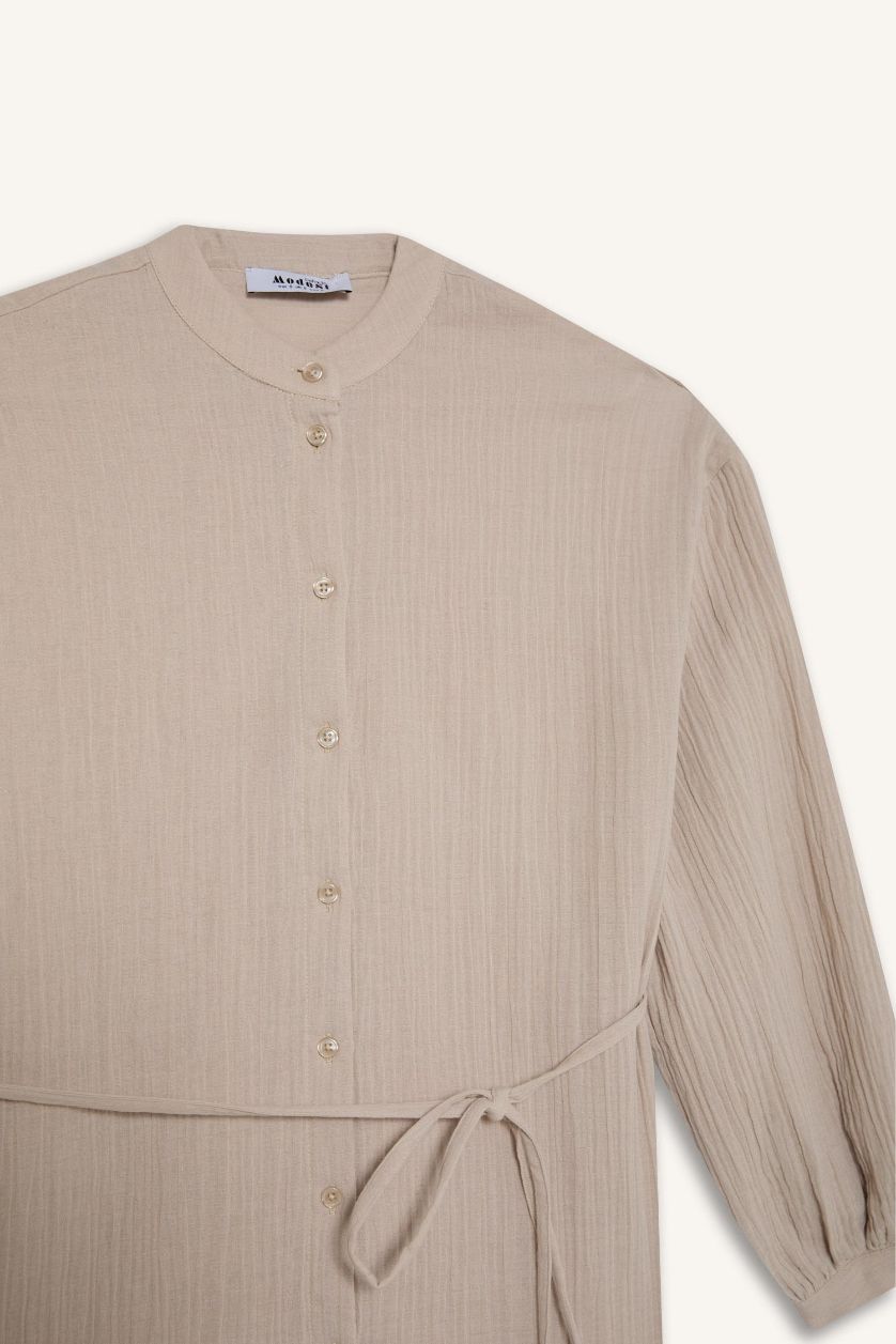 نساء بيج قميص موسلين سادة قصة مريحة وردن طويل