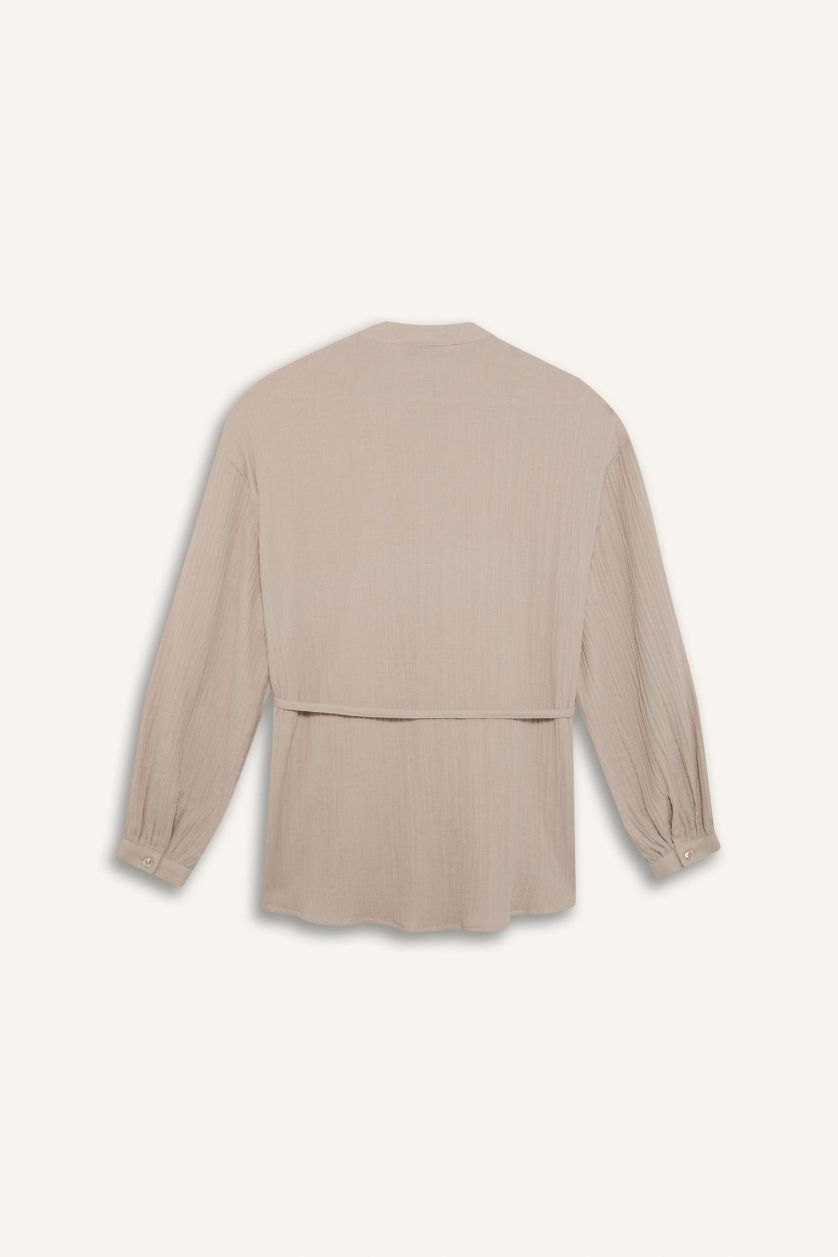 نساء بيج قميص موسلين سادة قصة مريحة وردن طويل