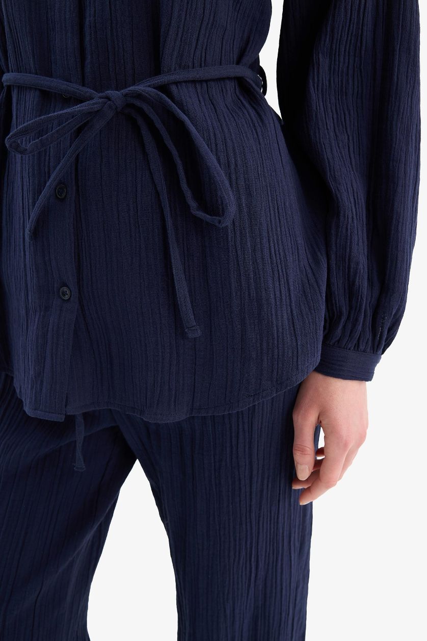 Kadın Lacivert Relax Fit Basic Düz Bağcıklı Müslin Uzun Kollu Tesettür Gömlek Tunik