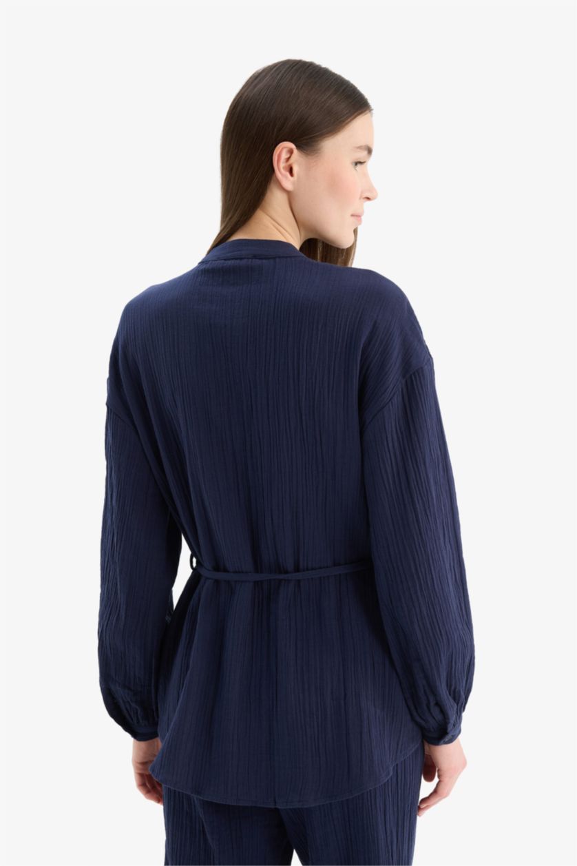 Kadın Lacivert Relax Fit Basic Düz Bağcıklı Müslin Uzun Kollu Tesettür Gömlek Tunik