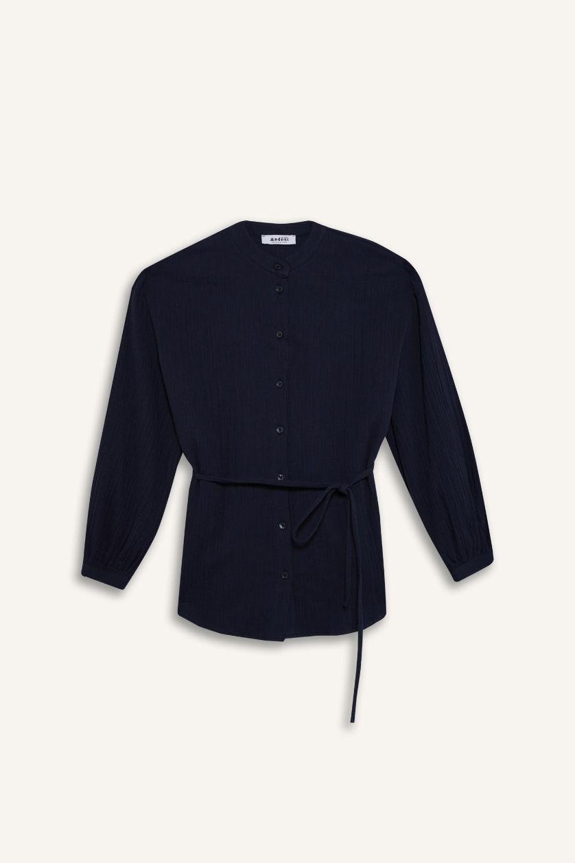 Kadın Lacivert Relax Fit Basic Düz Bağcıklı Müslin Uzun Kollu Tesettür Gömlek Tunik