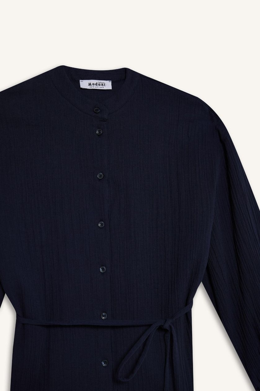 Kadın Lacivert Relax Fit Basic Düz Bağcıklı Müslin Uzun Kollu Tesettür Gömlek Tunik