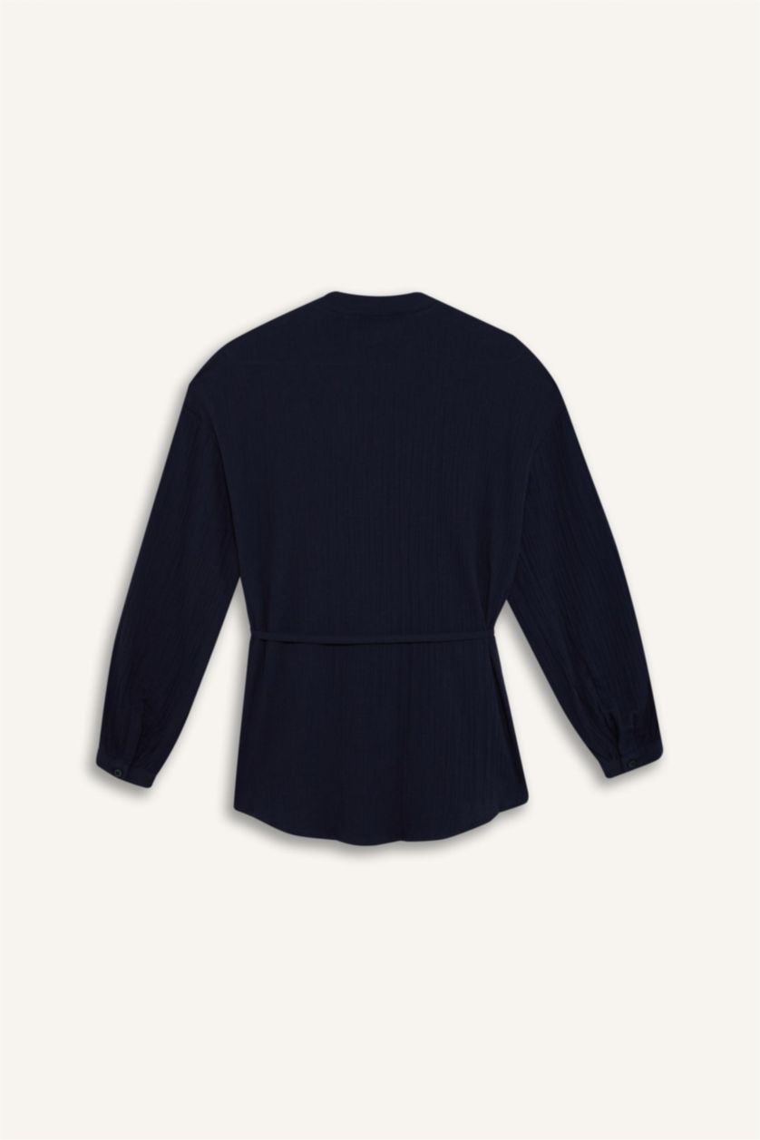 Kadın Lacivert Relax Fit Basic Düz Bağcıklı Müslin Uzun Kollu Tesettür Gömlek Tunik