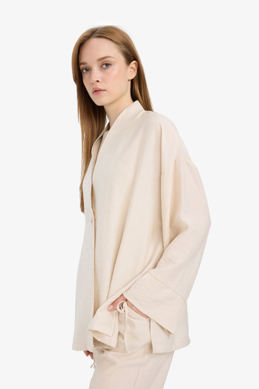 Kadın Bej Relax Fit Krinkıl Kumaş Uzun Kollu Kimono Tunik