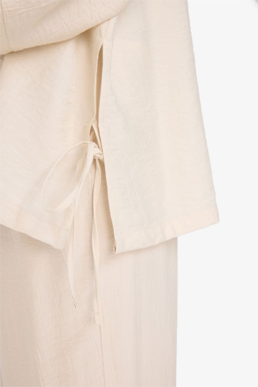 Kadın Bej Relax Fit Krinkıl Kumaş Uzun Kollu Kimono Tunik