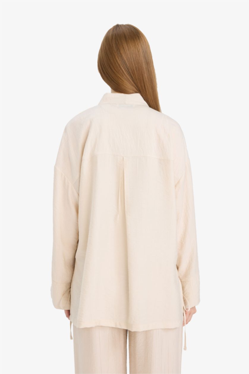 Kadın Bej Relax Fit Krinkıl Kumaş Uzun Kollu Kimono Tunik