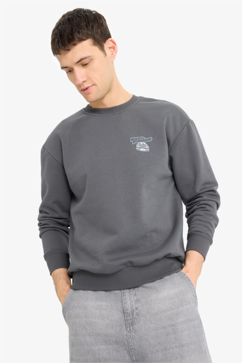 Erkek Antrasit Fast & Furious Boxy Fit Bisiklet Yaka Sırt Baskılı Kalın Sweatshirt