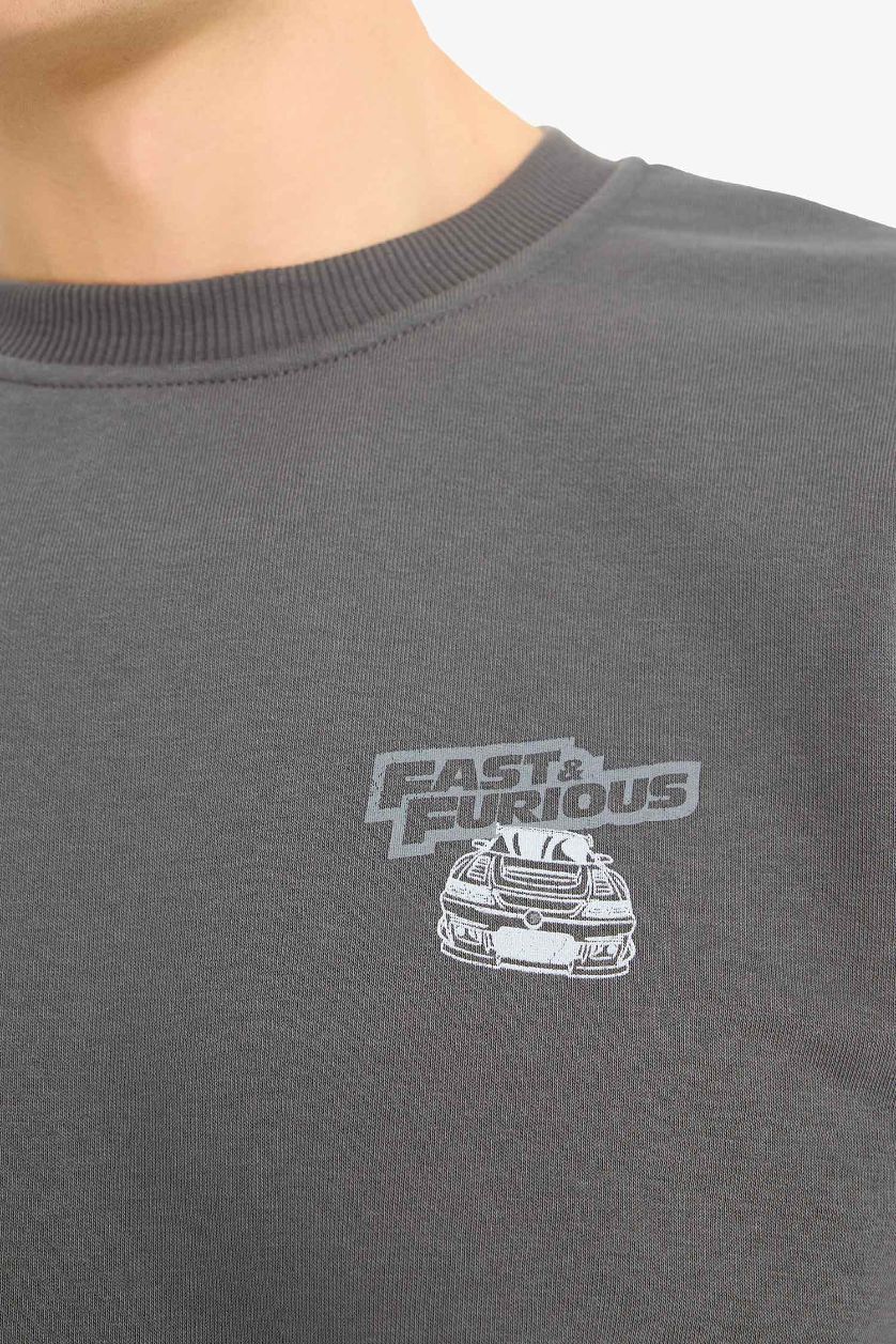 Erkek Antrasit Fast & Furious Boxy Fit Bisiklet Yaka Sırt Baskılı Kalın Sweatshirt