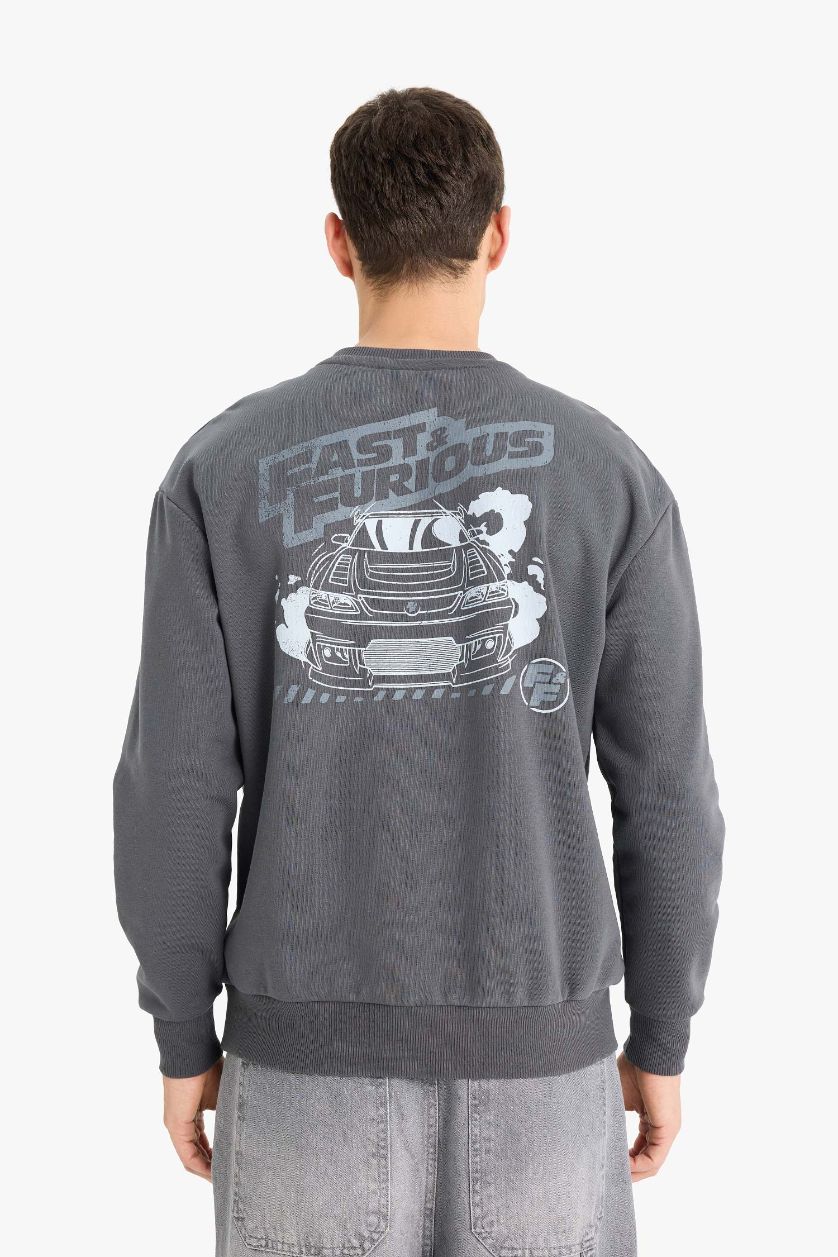 Erkek Antrasit Fast & Furious Boxy Fit Bisiklet Yaka Sırt Baskılı Kalın Sweatshirt