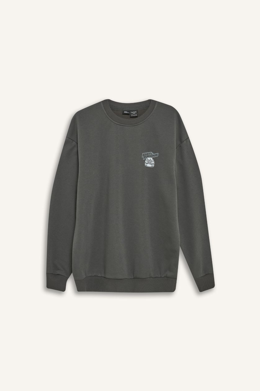 Erkek Antrasit Fast & Furious Boxy Fit Bisiklet Yaka Sırt Baskılı Kalın Sweatshirt