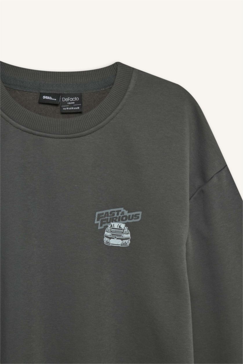 Erkek Antrasit Fast & Furious Boxy Fit Bisiklet Yaka Sırt Baskılı Kalın Sweatshirt