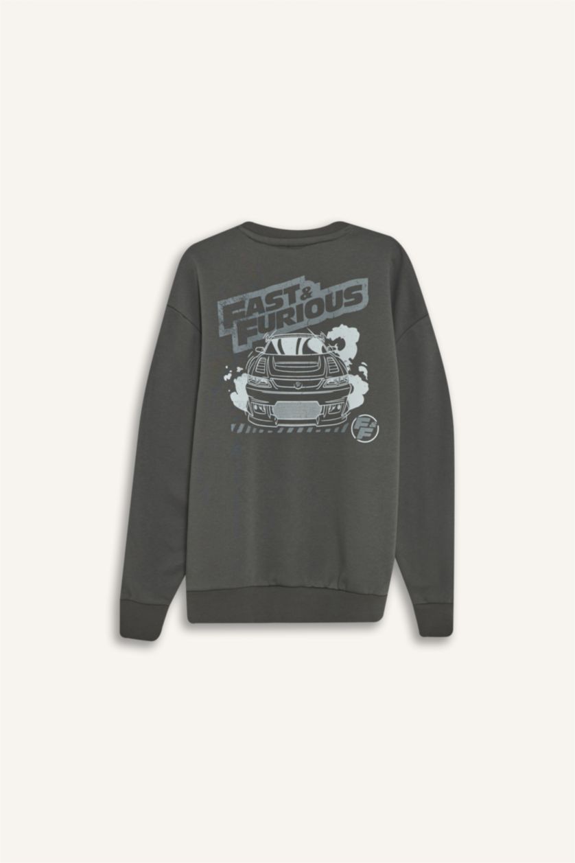 Erkek Antrasit Fast & Furious Boxy Fit Bisiklet Yaka Sırt Baskılı Kalın Sweatshirt
