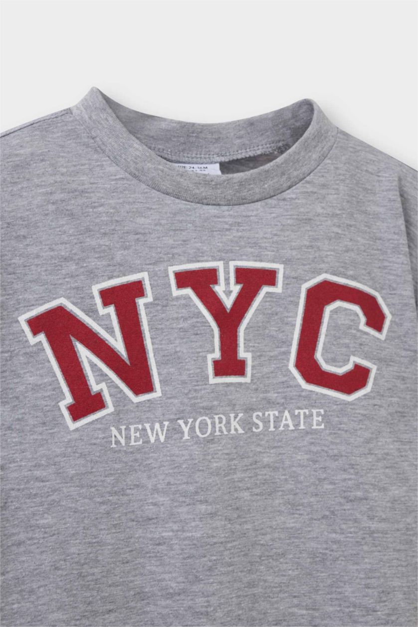 Erkek Bebek Açık Gri Bisiklet Yaka Baskılı Kısa Kollu Tişört Erkek Bebek