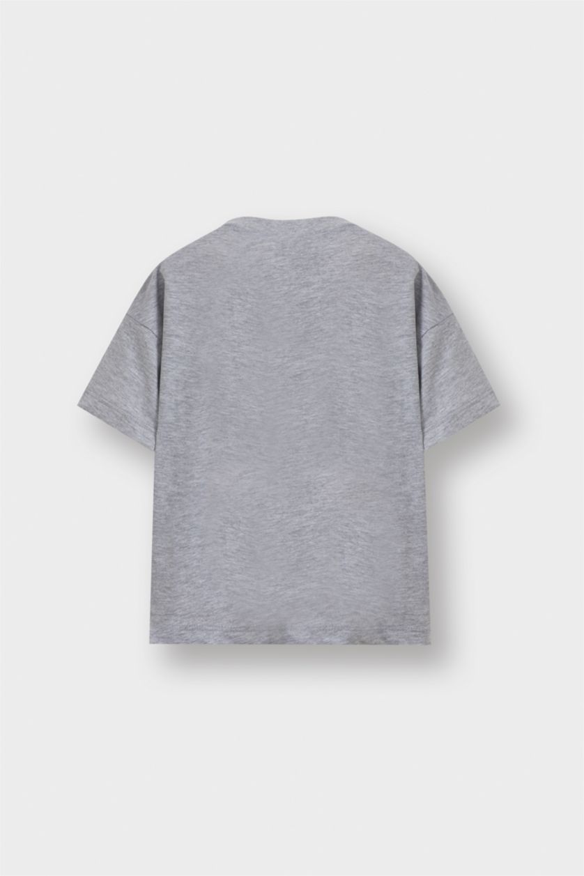 Erkek Bebek Açık Gri Bisiklet Yaka Baskılı Kısa Kollu Tişört Erkek Bebek