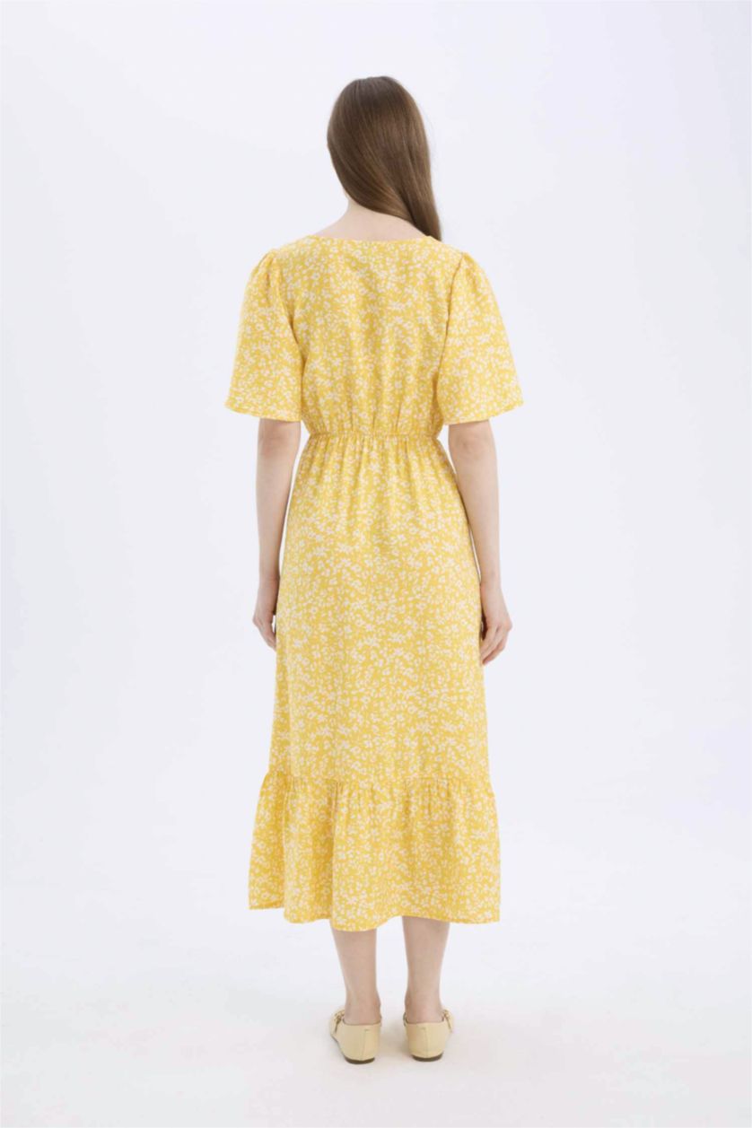 Kadın Sarı A Kesim V Yaka Çiçek Desenli Kısa Kollu Midi Elbise
