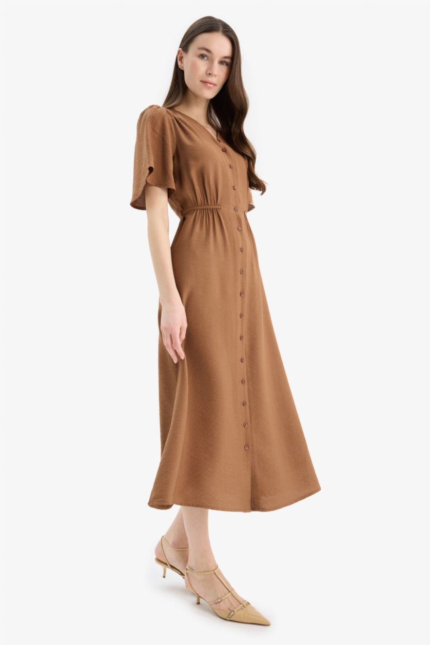 Kadın Açık Kahve A Kesim V Yaka Kısa Kollu Midi Elbise