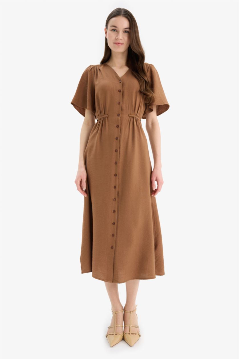 Kadın Açık Kahve A Kesim V Yaka Kısa Kollu Midi Elbise