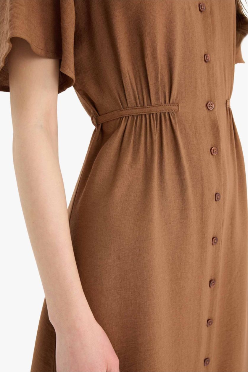 Kadın Açık Kahve A Kesim V Yaka Kısa Kollu Midi Elbise