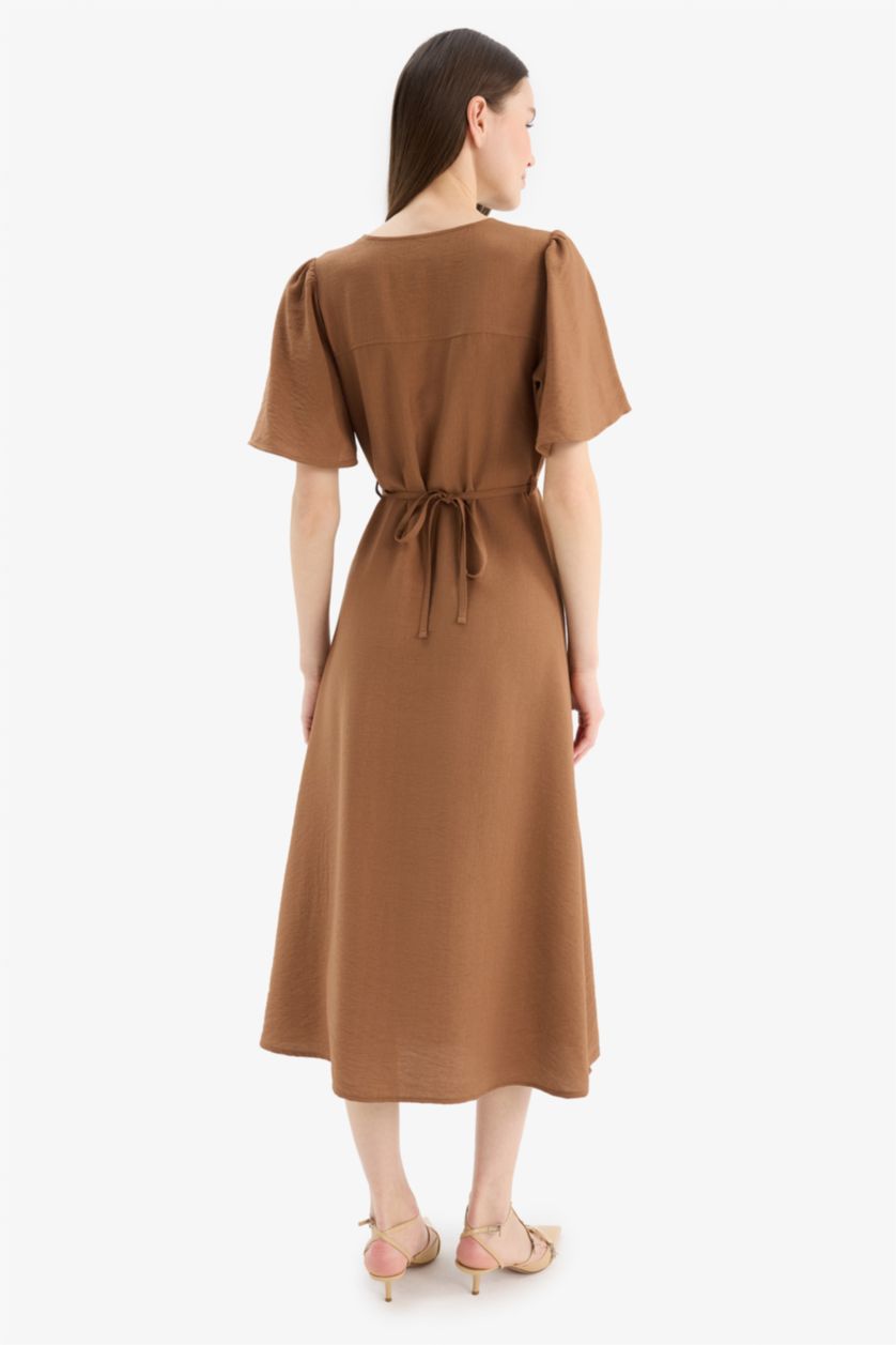 Kadın Açık Kahve A Kesim V Yaka Kısa Kollu Midi Elbise