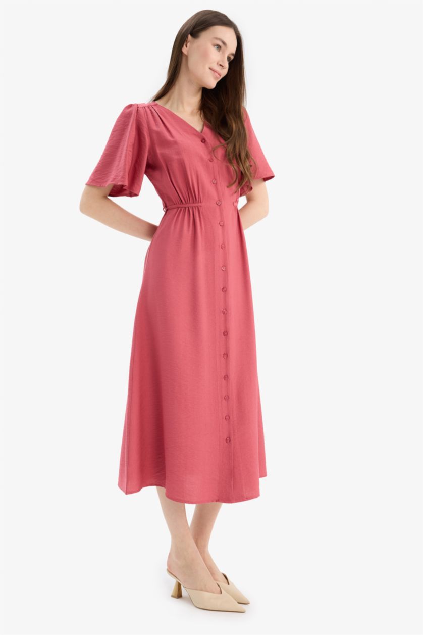 Kadın Koyu Gülkurusu A Kesim V Yaka Kısa Kollu Midi Elbise