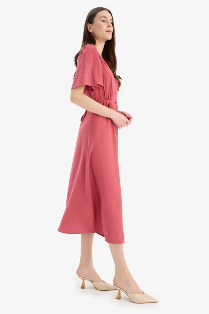 Kadın Koyu Gülkurusu A Kesim V Yaka Kısa Kollu Midi Elbise