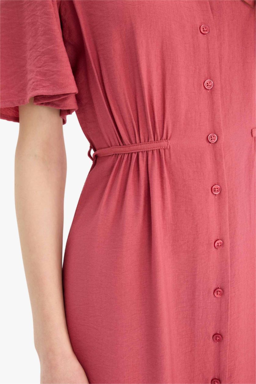 Kadın Koyu Gülkurusu A Kesim V Yaka Kısa Kollu Midi Elbise