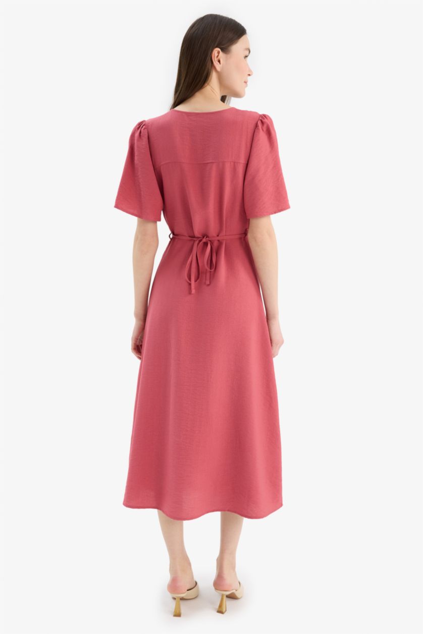 Kadın Koyu Gülkurusu A Kesim V Yaka Kısa Kollu Midi Elbise