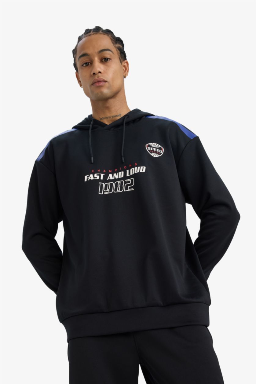 Man Black DeFactoFit Boxy Fit Hooded Scuba Fabric Sports Sweatshirt