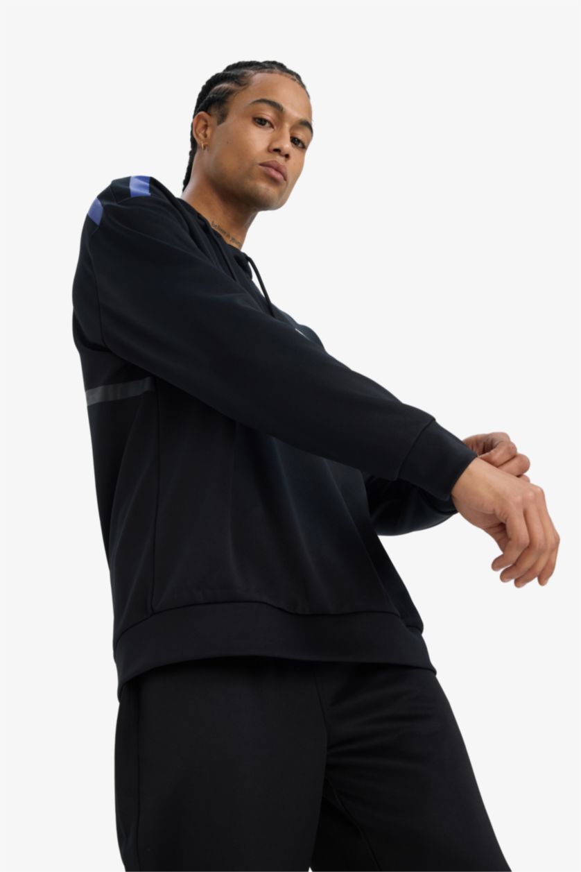 Man Black DeFactoFit Boxy Fit Hooded Scuba Fabric Sports Sweatshirt