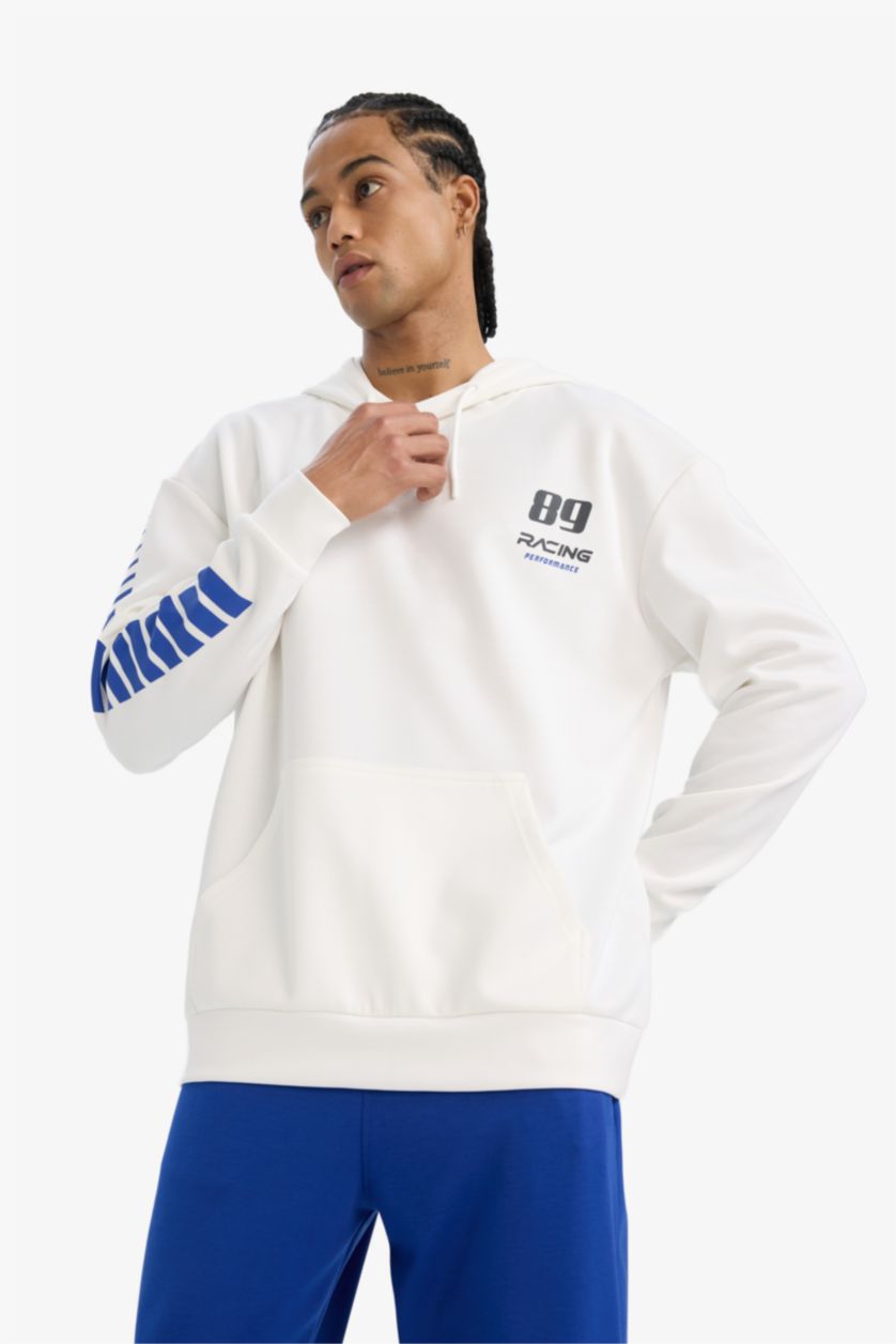 Man Ecru DeFactoFit Boxy Fit Hooded Scuba Fabric Sports Sweatshirt