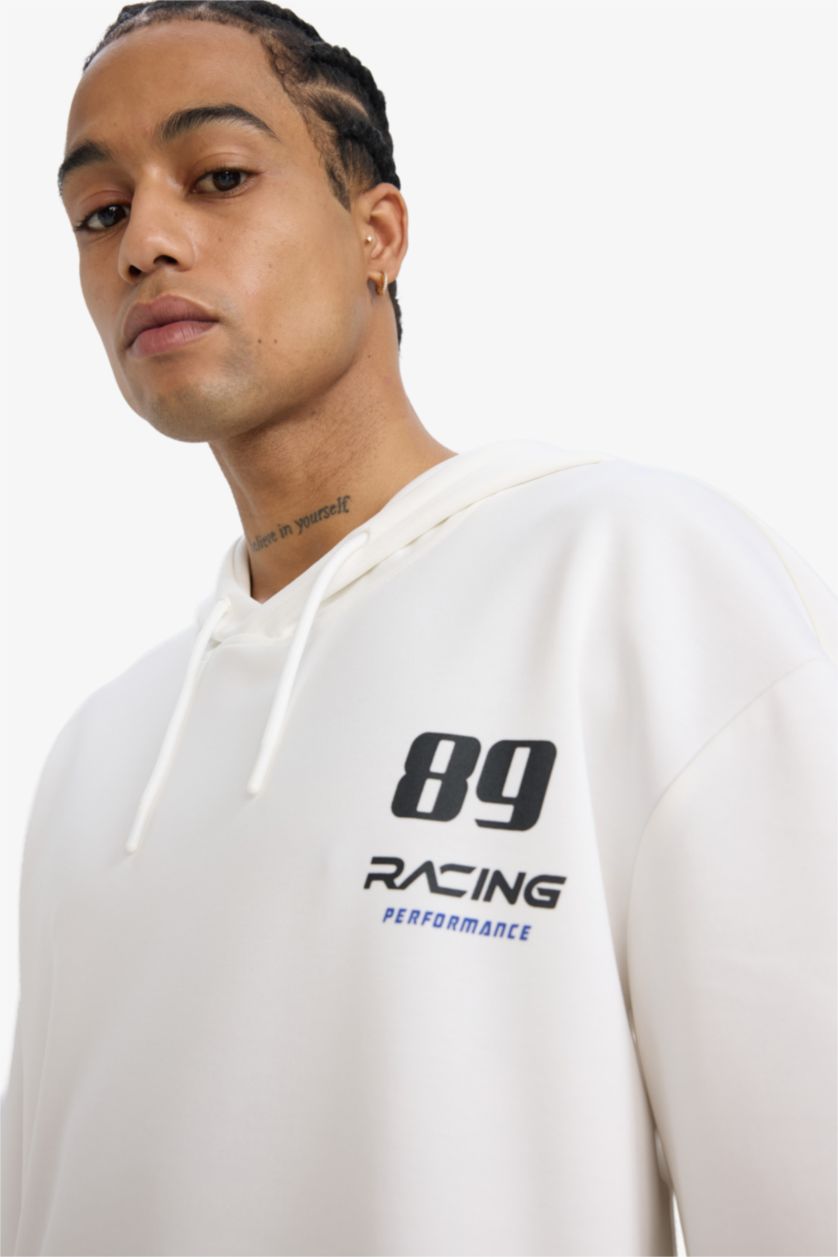 Man Ecru DeFactoFit Boxy Fit Hooded Scuba Fabric Sports Sweatshirt