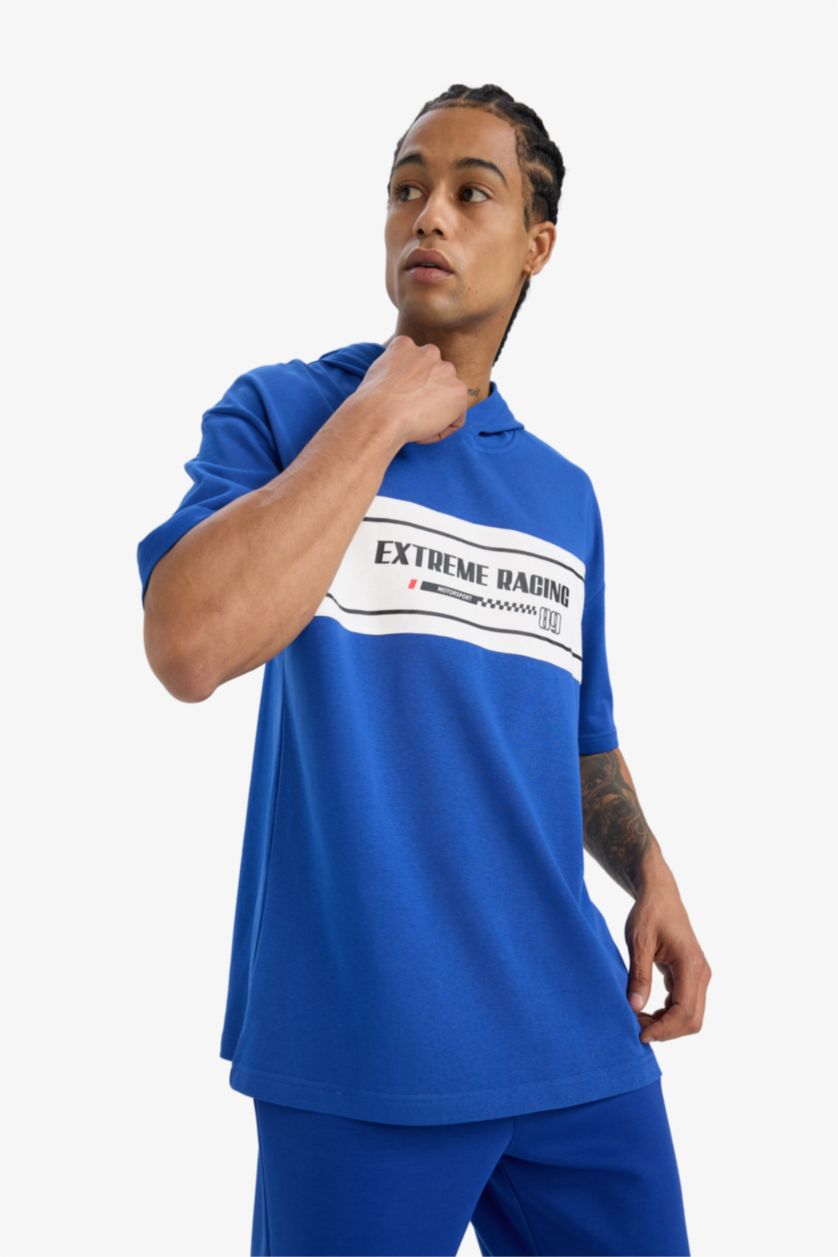 Erkek Saks Oversıze Kapüşonlu Sporcu Kısa Kollu Tişört