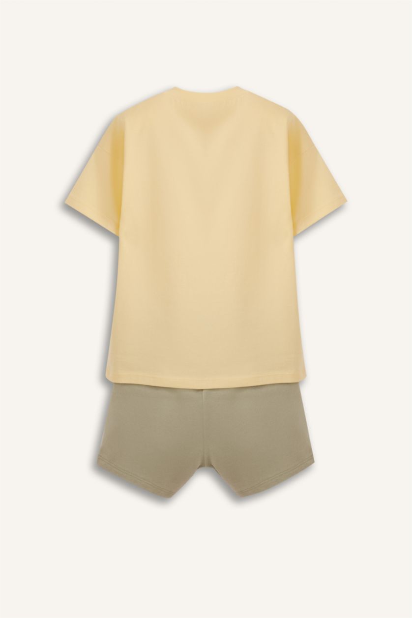 Erkek Bebek Açık Sarı 2'li Takım Kısa Kollu Baskılı Tişört Beli Lastikli Şort Erkek Bebek