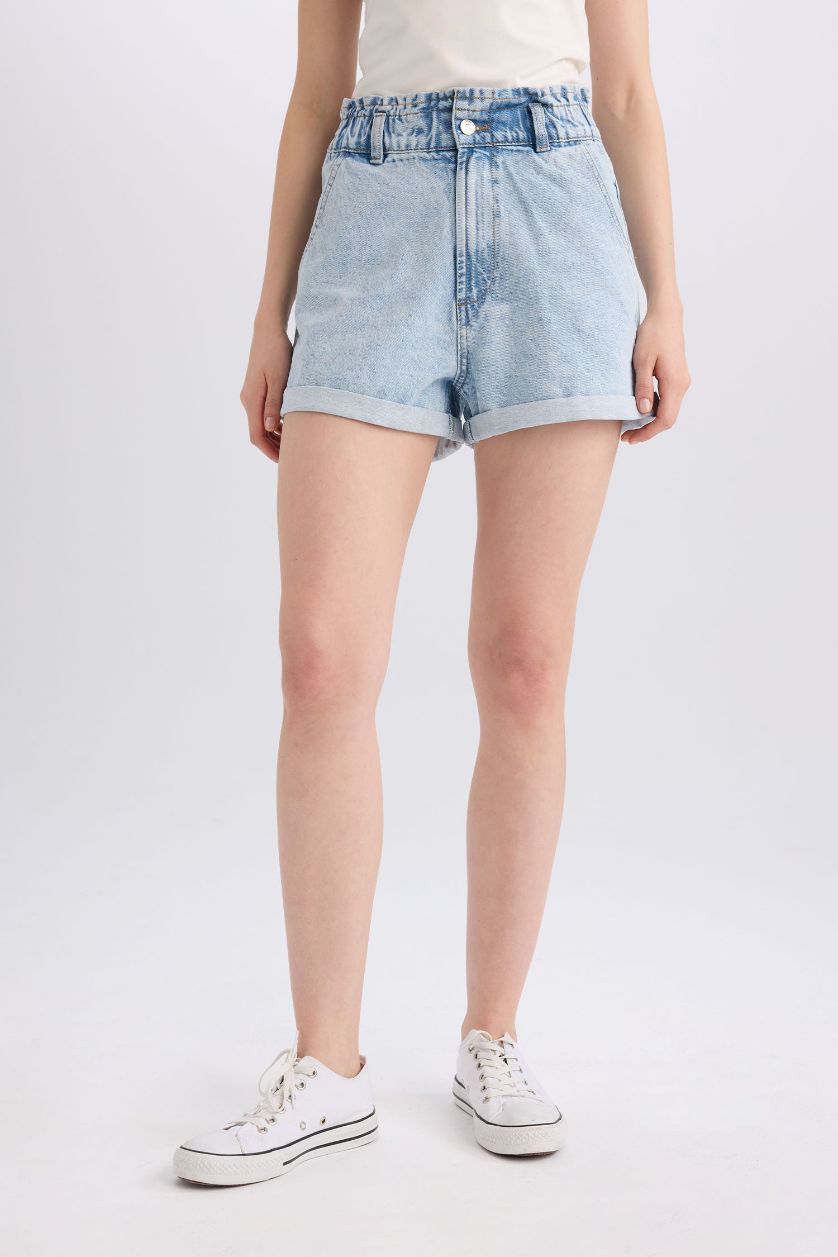 WOMAN Light Blue Paperbag High Waist Denim Shorts