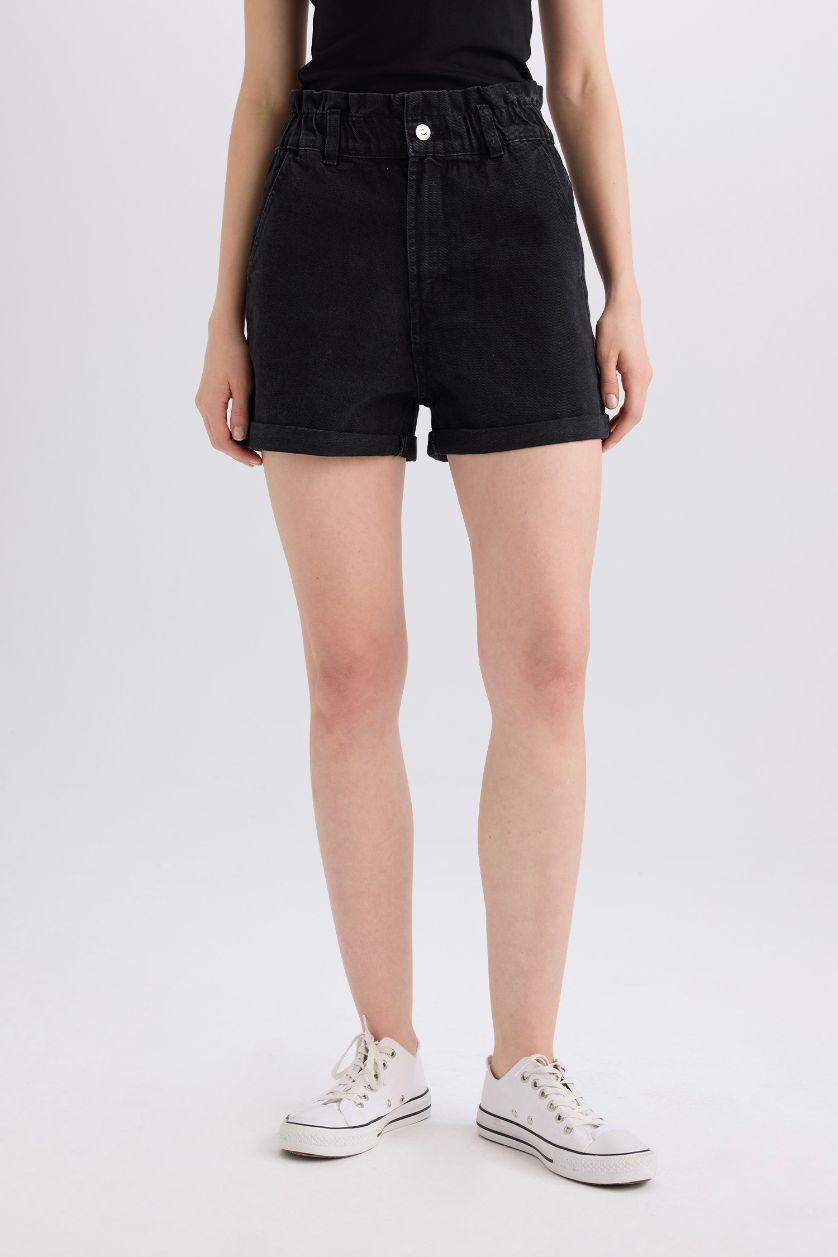 WOMAN Black Paperbag High Waist Folded Leg Denim Shorts