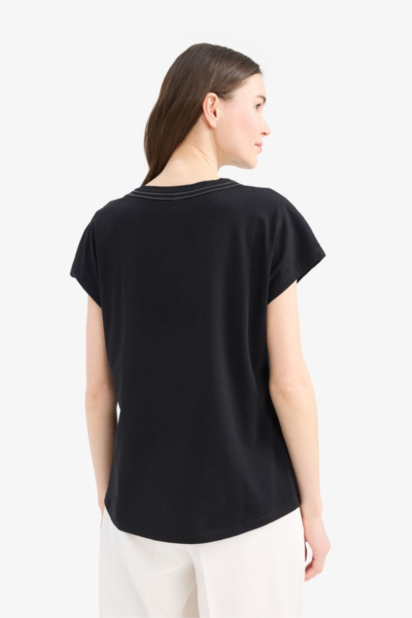 Kadın Siyah %100 Pamuk Basıc Flamlı Tişört