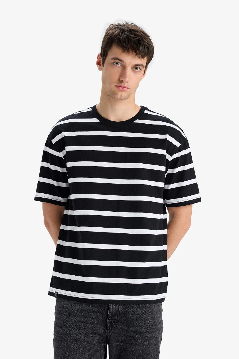 Erkek Siyah %100 Pamuk Boxy Fit Çizgili Tişört