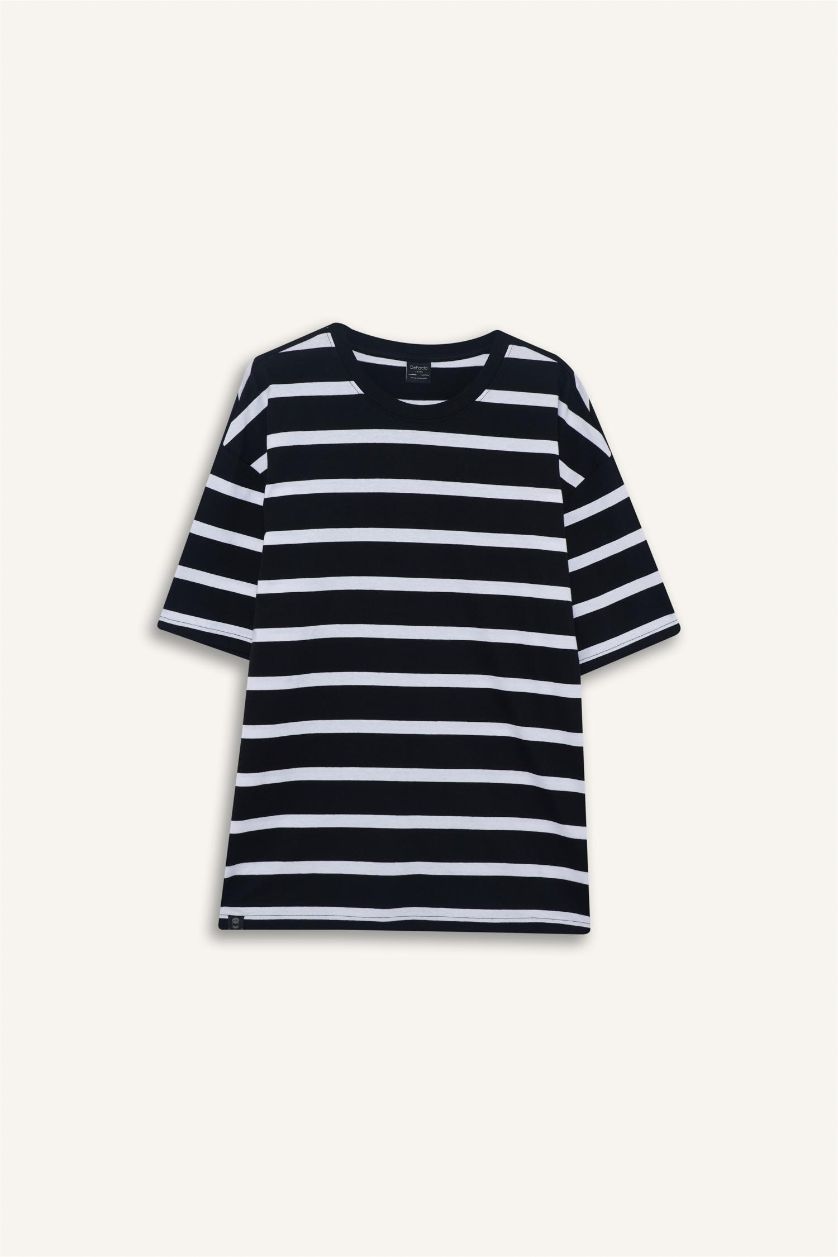 Erkek Siyah %100 Pamuk Boxy Fit Çizgili Tişört