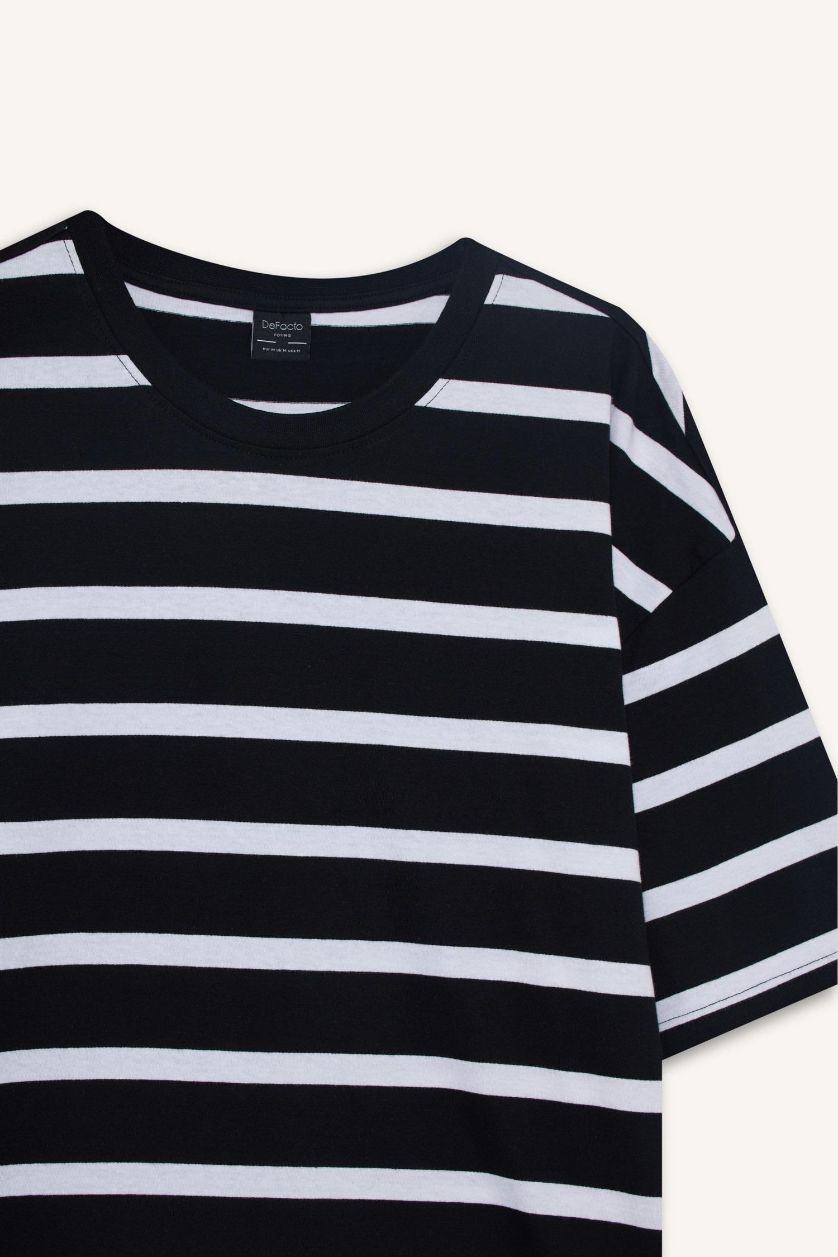 Erkek Siyah %100 Pamuk Boxy Fit Çizgili Tişört