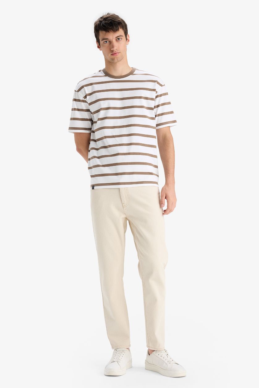 Erkek Açık Kahve %100 Pamuk Boxy Fit Çizgili Tişört