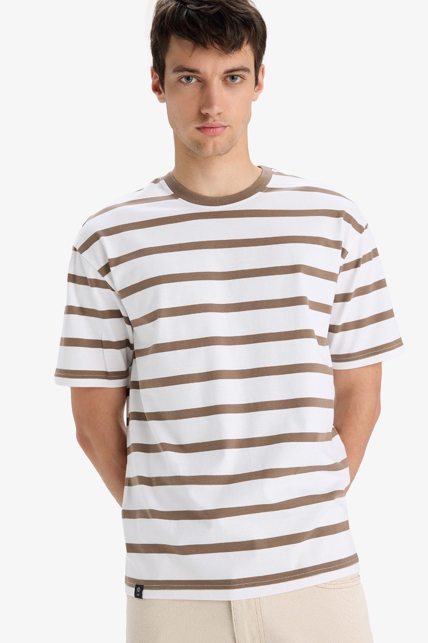 Erkek Açık Kahve %100 Pamuk Boxy Fit Çizgili Tişört