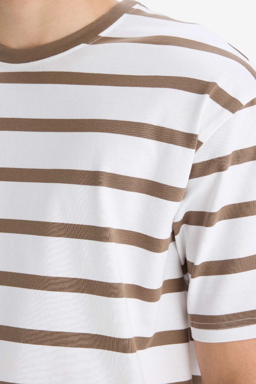 Erkek Açık Kahve %100 Pamuk Boxy Fit Çizgili Tişört