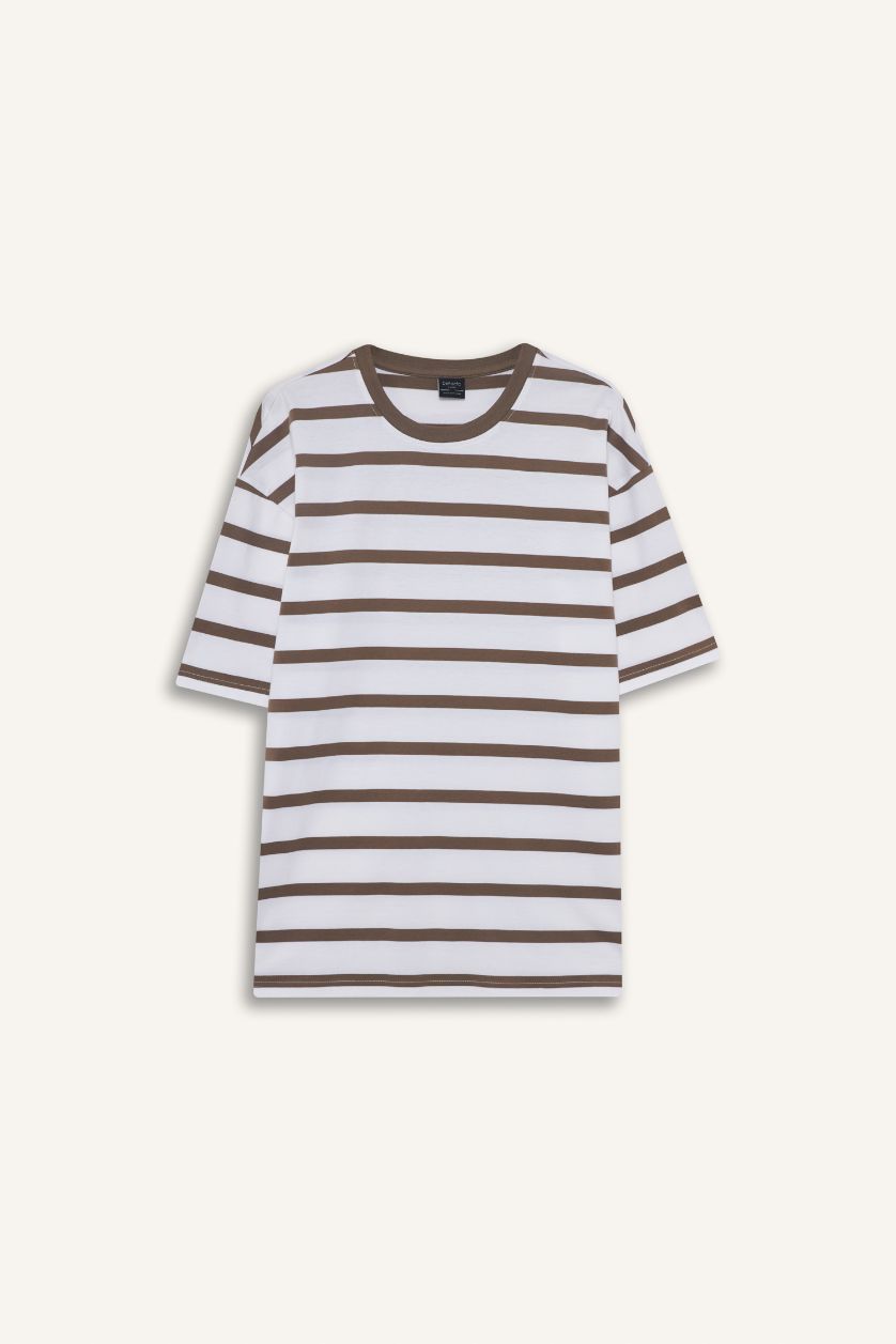 Erkek Açık Kahve %100 Pamuk Boxy Fit Çizgili Tişört