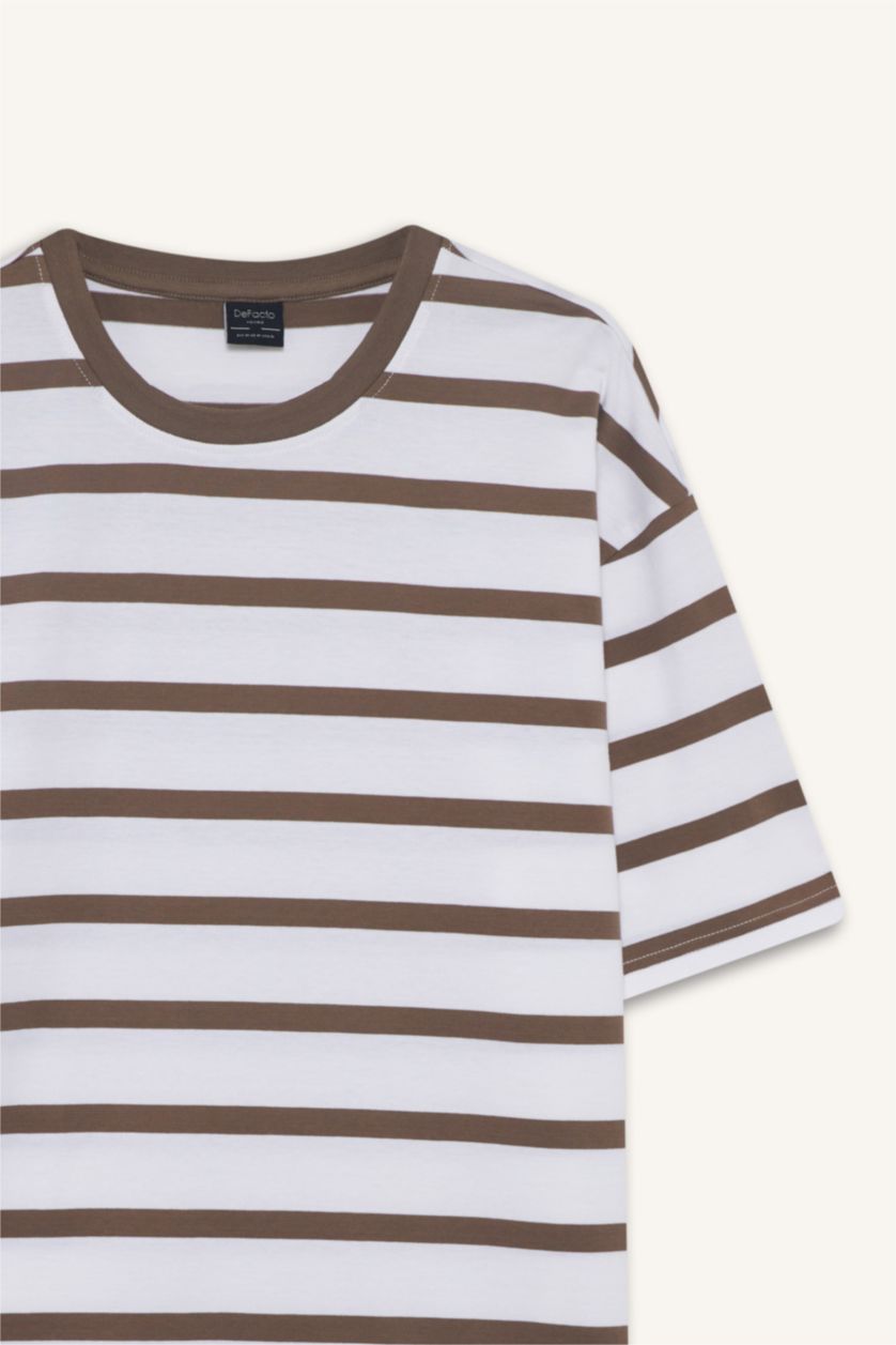 Erkek Açık Kahve %100 Pamuk Boxy Fit Çizgili Tişört