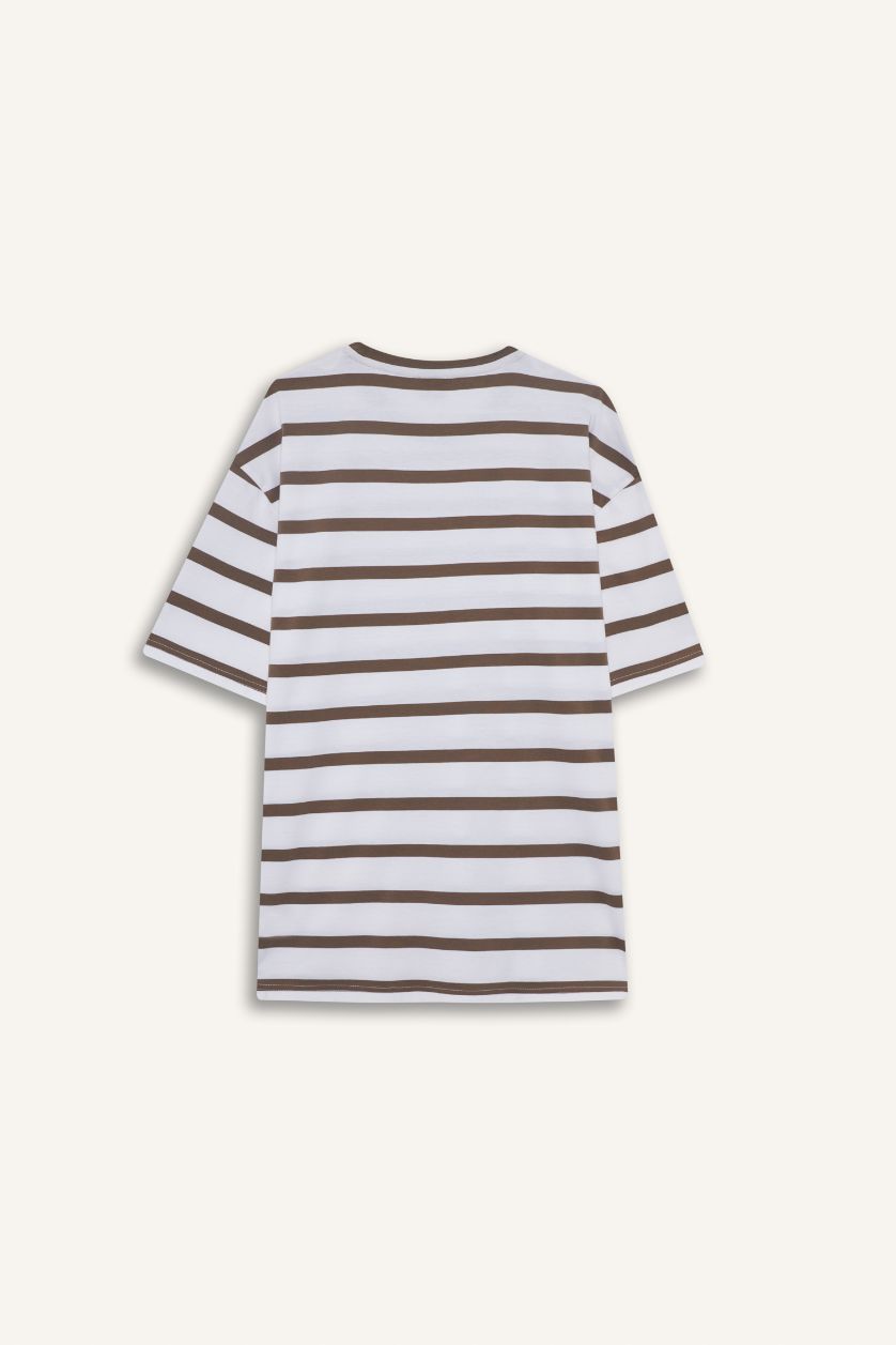 Erkek Açık Kahve %100 Pamuk Boxy Fit Çizgili Tişört