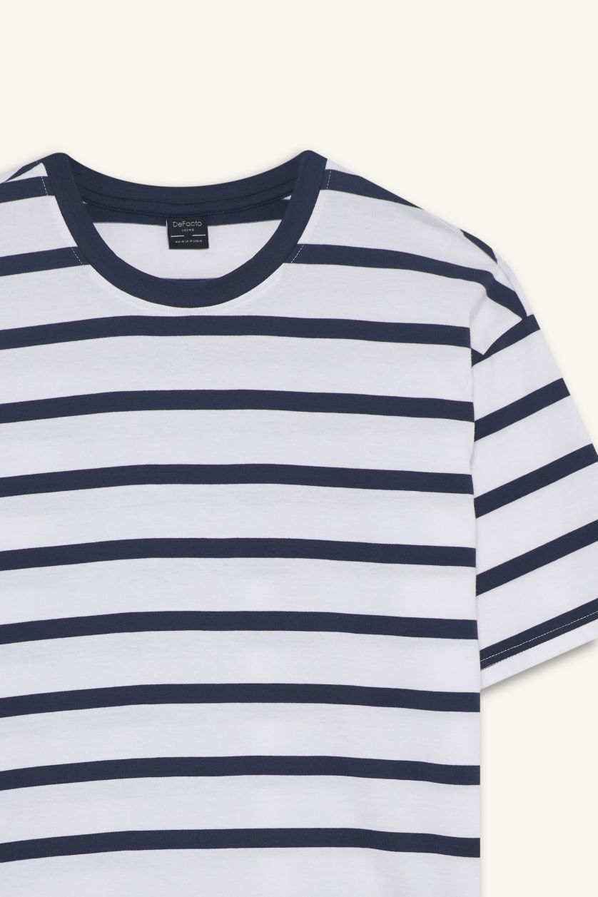 Erkek Lacivert %100 Pamuk Boxy Fit Çizgili Tişört