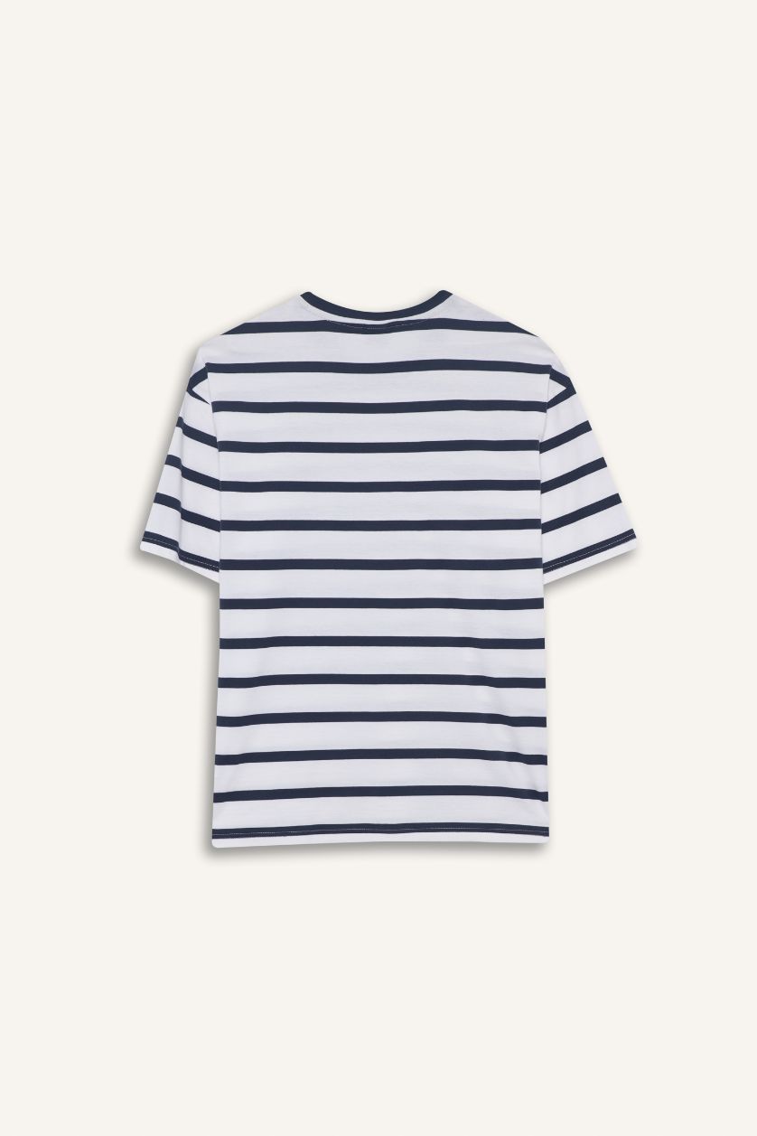 Erkek Lacivert %100 Pamuk Boxy Fit Çizgili Tişört