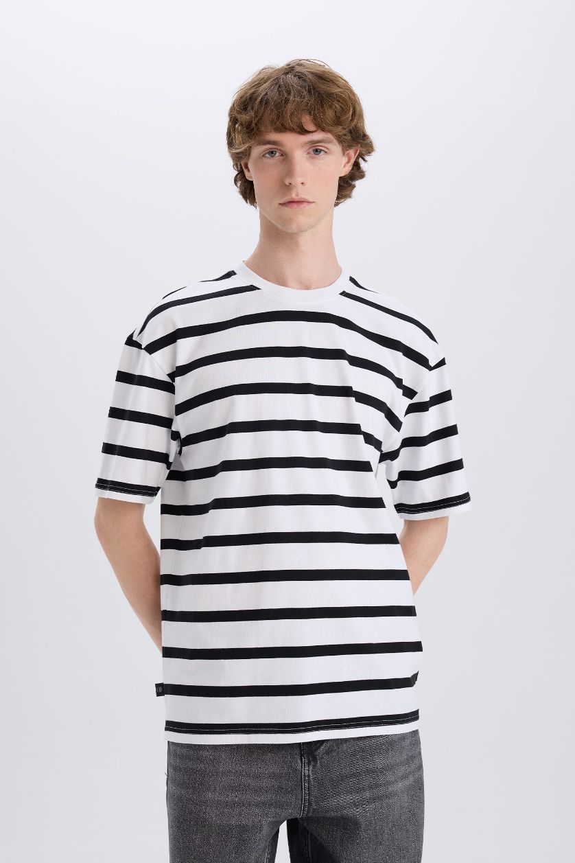 Man Ecru Cotton Boxy Fit Crew Neck Striped T-Shirt
