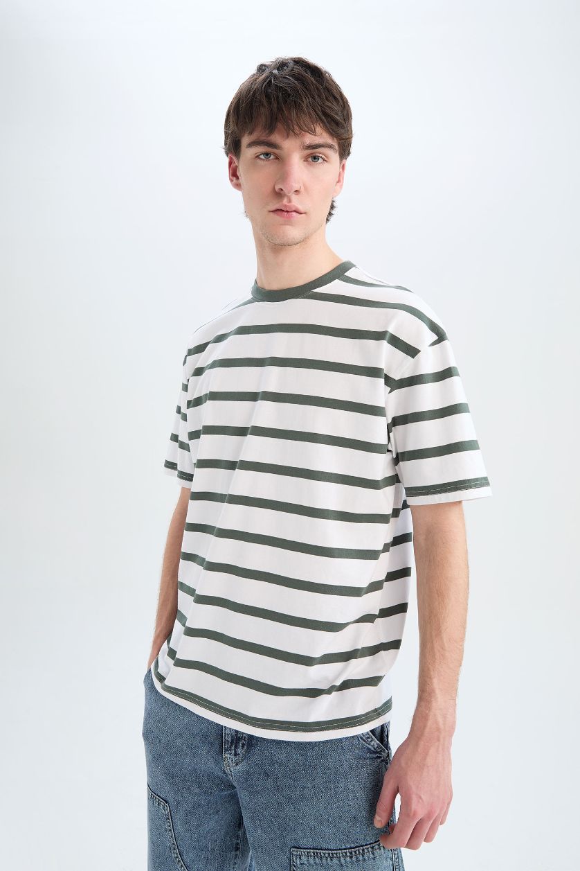 Erkek Yeşil %100 Pamuk Boxy Fit Çizgili Tişört