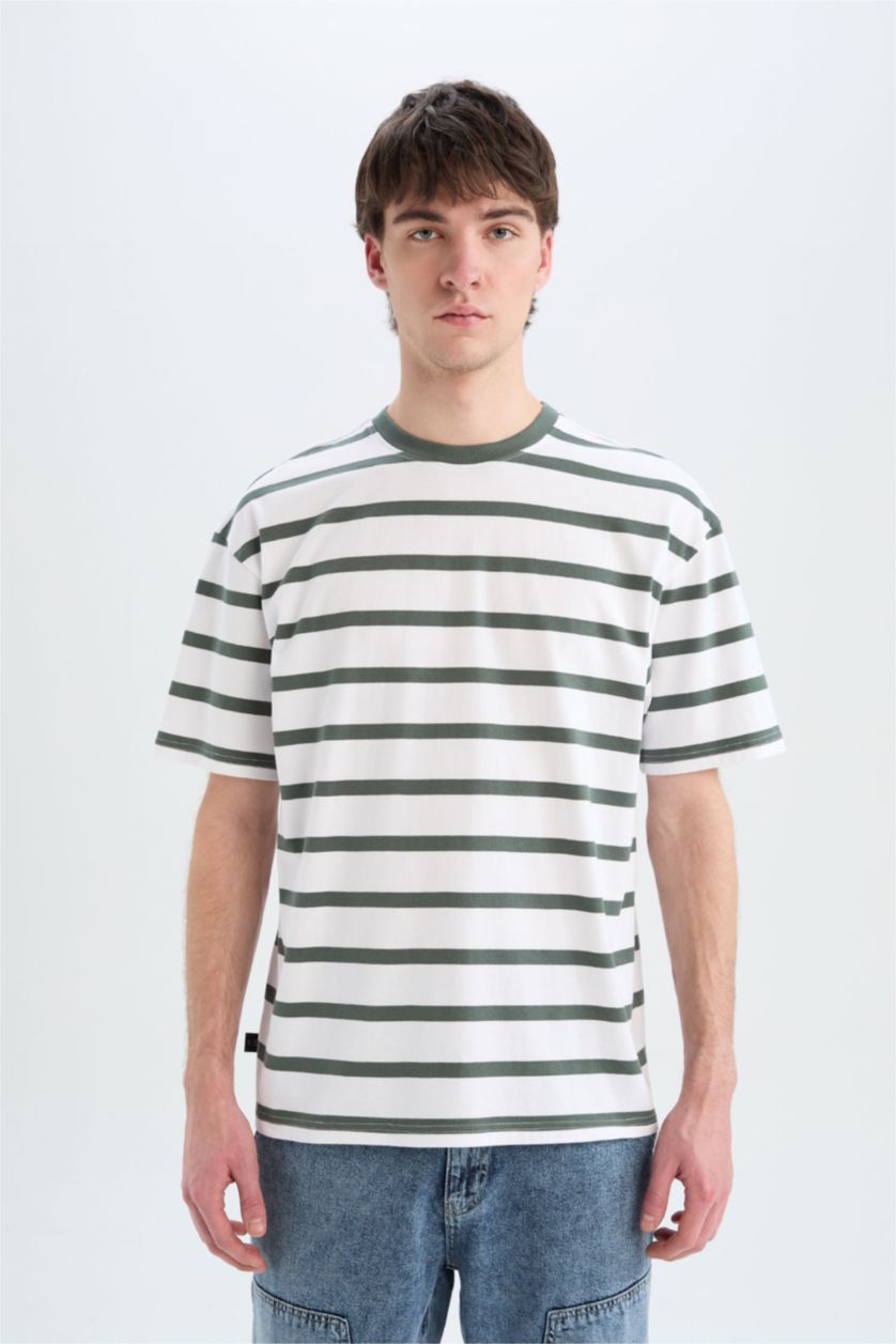 Erkek Yeşil %100 Pamuk Boxy Fit Çizgili Tişört